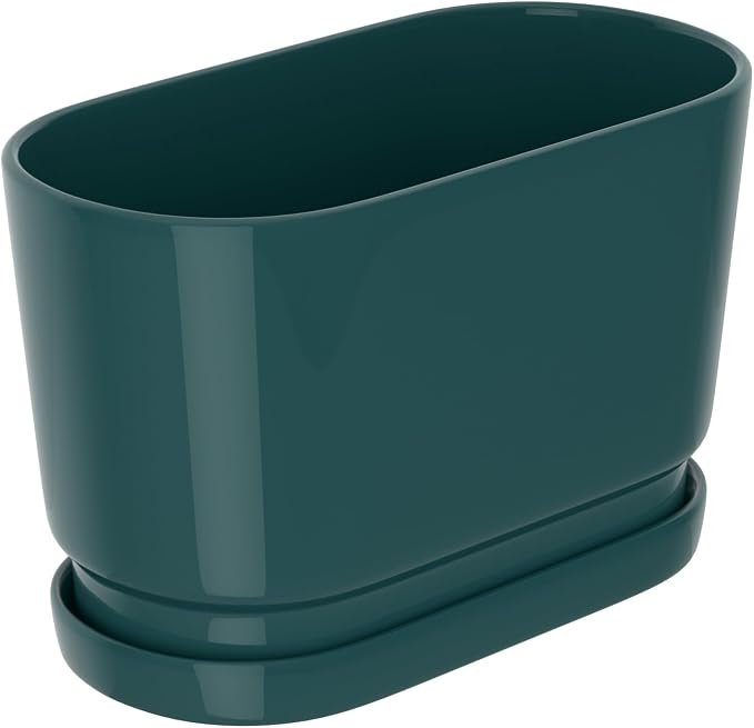 13" Rectangular Ceramic Planter with Drainage and Saucer, Green | Indoor Outdoor Use, 13"L x 5.5"W x 6.3"H, Modern Home Decor, Window Box Planter, Green Glossy Finish