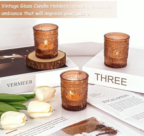 24 Pcs Amber Glass Votive Candle Holders, Tealight Candle Holders for Table Centerpieces, Vintage Candle Holder Bulk, Boho Wedding, Home, Bridal Shower, Birthday Party Table Decor (Amber) - Image 4