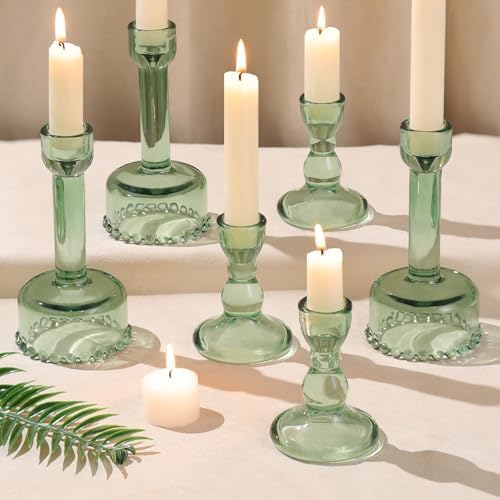 Lanttu 6 Pcs Green Glass Candlestick Holders Taper Candle Holder Bulk - Image 3
