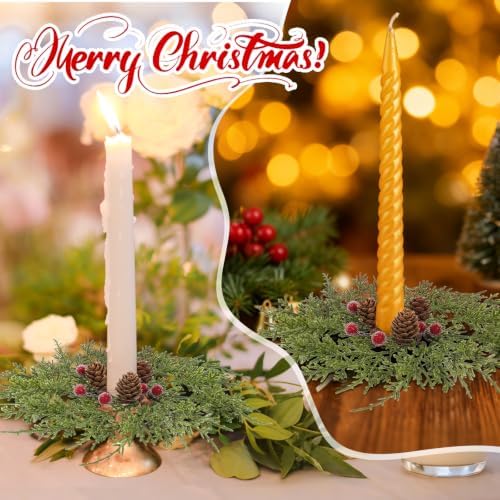 12 PCS Christmas Pine Taper Candle Rings Wreaths 1.38" Mini Norfolk Pine Taper Candle Holder Wreaths Candle Rings with Berry Pinecones for Xmas Holiday Church Home Table Centerpiece Candlesticks Decor - Image 7