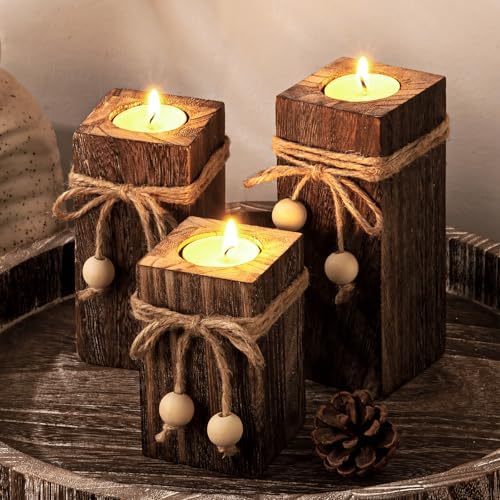 Rustic Wood Candle Holders with Battery Operated Candles Farmhouse Decor 3P - Image 4