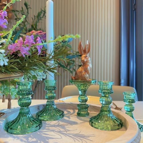 Green Glass Candlestick Holders, Taper Candle Holders, Set of 6 - Image 4