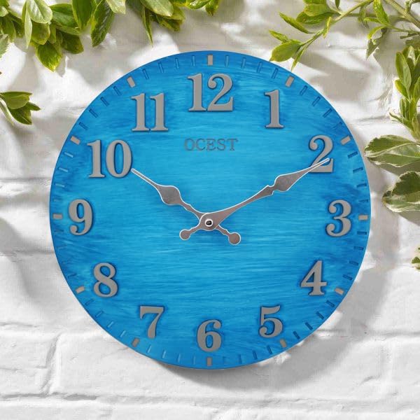 OCEST 12 Inch Indoor Outdoor Clock, Waterproof Resin Outdoor Wall Clock, Silent Non-Ticking Battery Operated Decor for Garden Pool Patio (Blue)
