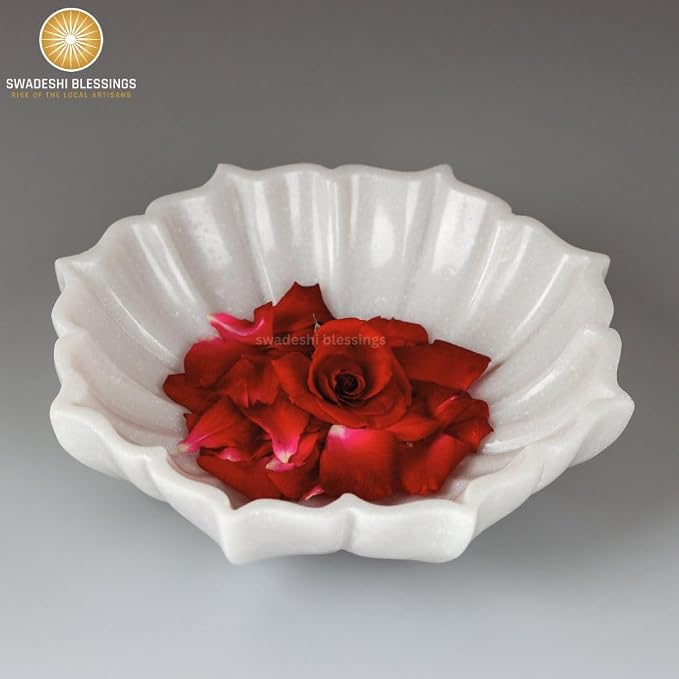SWADESHI BLESSINGS HandCrafted Marble Lotus Bowl/Organic Modern Home Decor Bowl/Fruit Bowl/Vintage Ring Dish/Decorative Flower Dish/HouseWarming Gifts/Wedding Gifts/Urli (12 Inches)