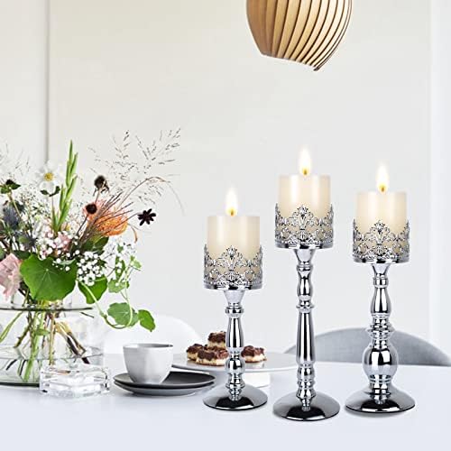 Candle Holders for Pillar Candles Set of 3 Silver Vintage Tall Candle Holders Decorative Large Table Centerpieces Candle Stand Decor - Image 3