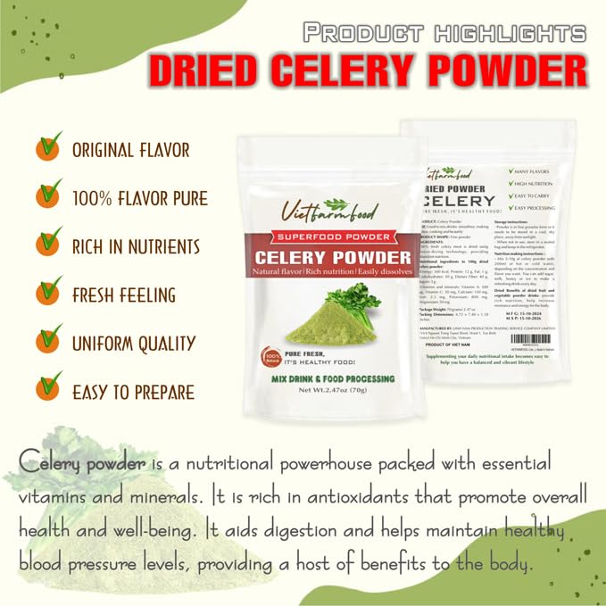 CELERY POWDER 2.47 oz (70g) VIETFARMFOOD: Pure freeze-dried vegetable powder, made from real vegetables with no added sugar - Perfect for daily nutrition to keep your body full of vitality
