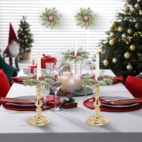 6 PCS Christmas Pine Taper Candle Rings Wreaths 1.38" Mini Snowy Pine Taper Candle Holder Wreaths Candle Rings with Berry Pinecones for Xmas Winter Church Home Table Centerpiece Candlesticks Decor - Image 7