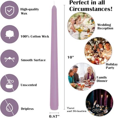 12-Pack Dusty Purple Taper Candles, 10 Inch Unscented Dripless Candlesticks, Long-Lasting Burn Time of 7-8 Hours, Perfect for Home Décor, Weddings, and Events - Image 7