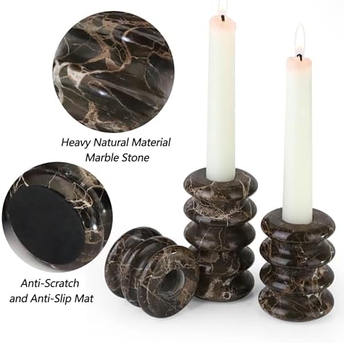 Vixdonos Marble Candle Holder Set of 3 Taper Candle Candlestick Mantle Candle Stand for Home Decor,Wedding,Party and Table Centerpieces(Brown) - Image 2