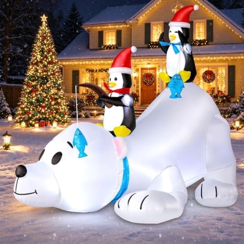6 FT Christmas Inflatable Outdoor Decoration Polar Bear with Penguins, Xmas Blow Up Yard Decoration with Built-in LED Lights, Suitable for Christmas Party Outdoor, Yard, Garden, Lawn Holiday Decor by FunFansoHolidaysDecorations