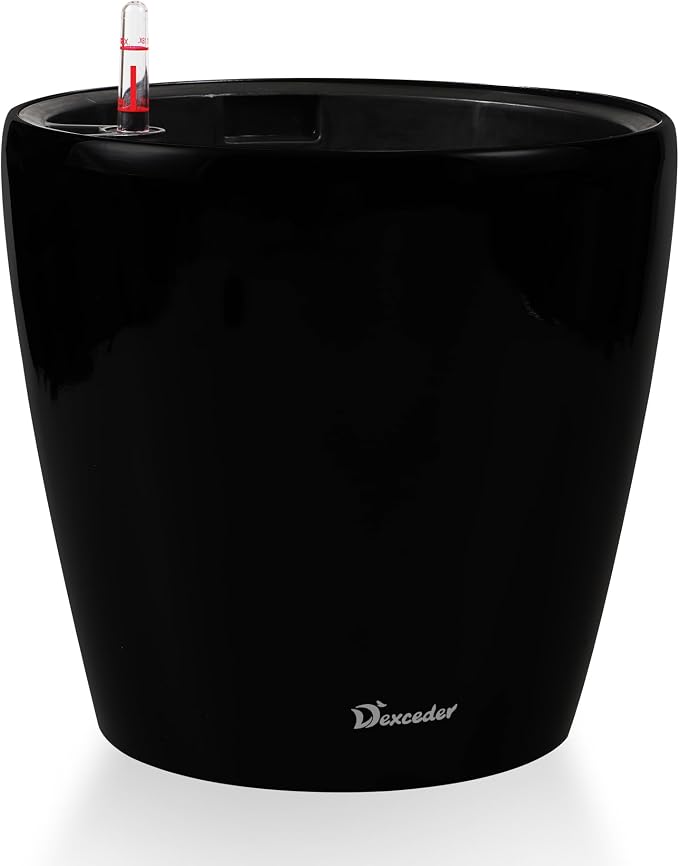 Dexceder 18x17 Self Watering Planter with Wheels (Black Matte) | Inner Pot Design, Thickened Large Floor Standing Flower Plant Pot with Water Level Indicator Indoor Outdoor