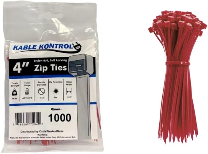 Kable Kontrol Red Zip Ties 4 Inch 1000 Pcs, 18 Lbs Tensile Strength, Self-locking Nylon Colored Cable Ties Wire Wraps for Indoor or Outdoor Use