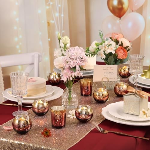 Volens Burgundy Votive Candle Holders 12 Pack, Round Mercury Glass Votives - Image 3