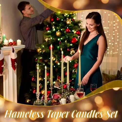 Rossesay 24 Pcs Flameless LED Taper Candles Battery Operated Candle 8.5", 9.65", 10.8", 12.8" Flameless Candlesticks Flickering for Christmas Church Wedding Indoor Decoration(Classic, Golden) - Image 3