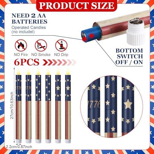 Honoson 6 Pcs 4th of July Flameless Taper Candles Patriotic 10.6 Inch - Image 2