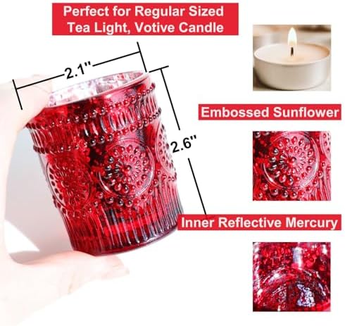 VOHO Red Mercury Glass Candle Holder Set of 12, Boho Sunflower Red Votives - Image 2