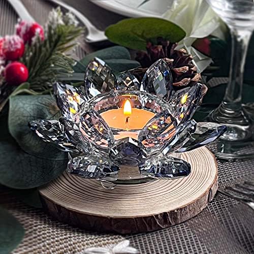 Crystal Lotus Flower Tealight Candle Holders/Glass Tea Light Candlestick Decor Decoration for Christmas Home Wedding Party… (Blue 2pcs) - Image 2