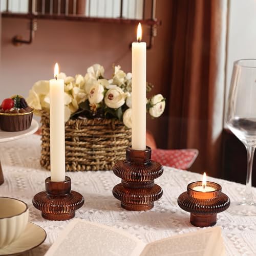 Taper Glass Candlestick Holders Tealight Candle Holders for Table Centerpieces, Fall Wedding Decor and Dinner Party Thanksgiving Christmas Decor (8 Pcs, Brown) - Image 3