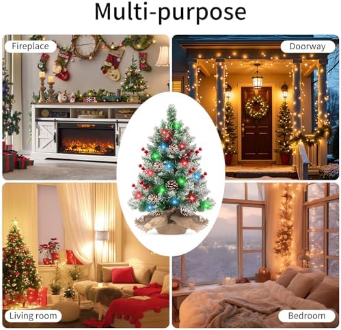 Pre-lit Mini Christmas Tree 20 Inch Small Tabletop Xmas Tree with 30 LED String Lights Locking Snow Frost Tips Berries Wood Base Ornaments Tabletop Artificial Pine Tree for Christmas Decoration - Image 6