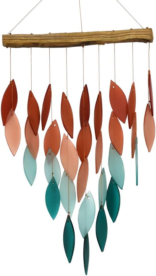 Blue Handworks Coral Ombre Waterfall Glass Wind Chime | Handcrafted Waterfall Glass Wind Chime with Ombre Gradient from Terracotta Coral and Blush Salmon to Soft Aqua and Deep Teal