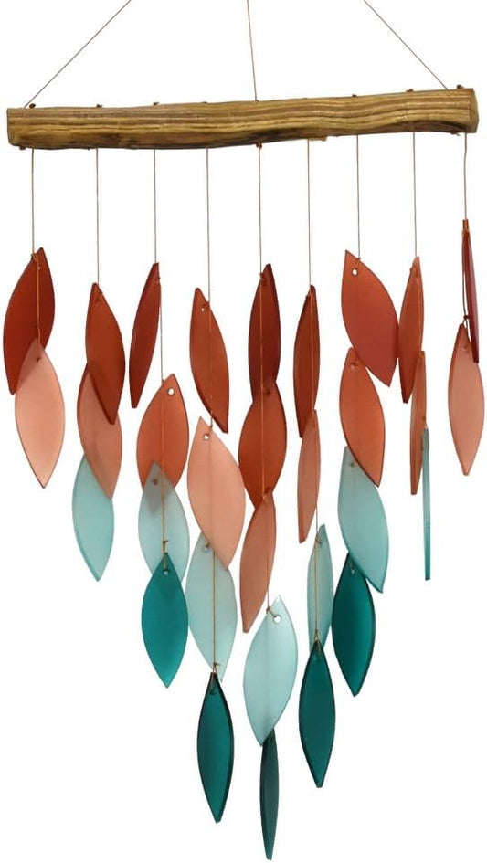 Blue Handworks Coral Ombre Waterfall Glass Wind Chime | Handcrafted Waterfall Glass Wind Chime with Ombre Gradient from Terracotta Coral and Blush Salmon to Soft Aqua and Deep Teal