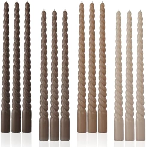 Brown Tall Taper Candles 12 inch Unscented Smokeless Long Spiral Tapered Candle for Candlesticks Sticks Wedding Advent Home Decor Dinner Christmas，Set of 12,Spiral by LPUSA