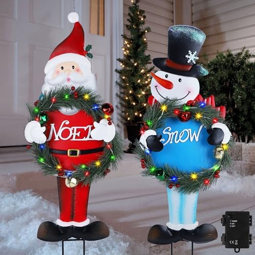 Lighted Christmas Decorations Outdoor, 2 Pack 30" Height Santa & Snowman Xmas Yard Signs Metal Garden Stakes with LED Lights, Battery Powered for Holiday New Year Winter Walkway Patio Lawn by Unknown