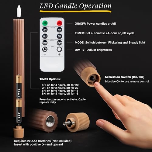 12 Pack, 10" LED Flameless Brown Tan Fluted Ribbed Grooved Taper Candles w/ 2 Remotes & 24h Timer Memory, On/Off Button, Dimmable, Flicker Mode, Battery Operated, Christmas Menorah Wedding - Image 5