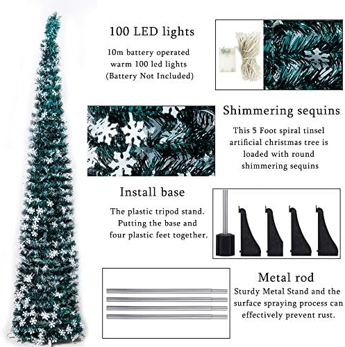 Pop-Up Artificial Christmas Tree with 100LED Lights,Collapsible Pencil Christmas Trees for Holiday Carnival Party Christmas Decorations (Green) - Image 4