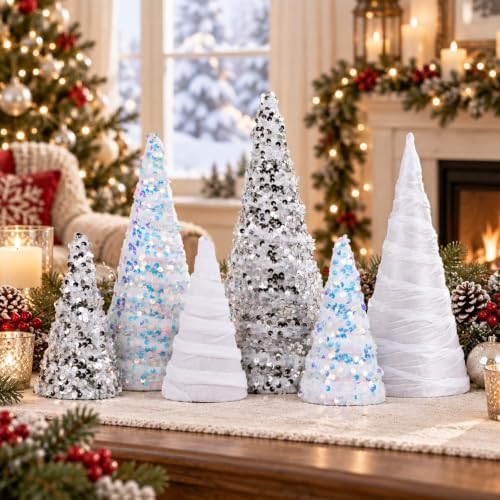 6 Pcs 12" 10" 6" Cone Christmas Tree Decorations Christmas Snow White Glitter Table Decor Farmhouse Trees Tiered Tray Ornament Xmas Tree for Home Holiday Entryway Tabletop Tree Centerpiece Decor by Unknown