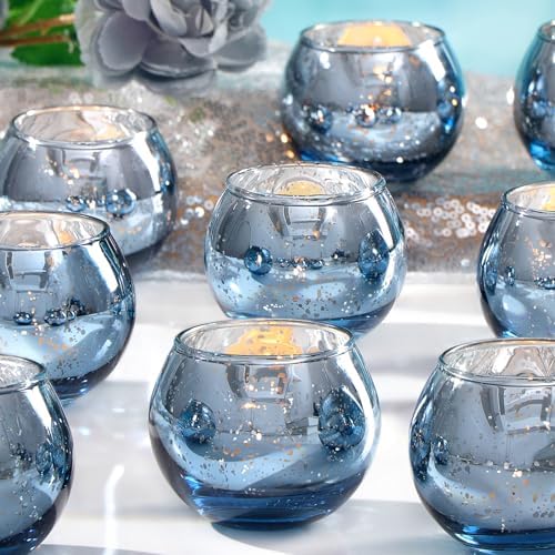12 Pcs Blue Votive Candle Holders- Blue Centerpieces for Tables, Round Mercury Glass Candle Holder for Bridal Shower Decorations, Wedding Decor by LAMORGIFT
