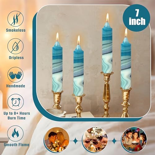 7 inch Short Candle Blue Quicksand Print Candle 4 Pack Handmade Unscented Taper Candles Printed Candlestick Smokeless Tapered Candles for Home Dinner Wedding Holiday - Image 3