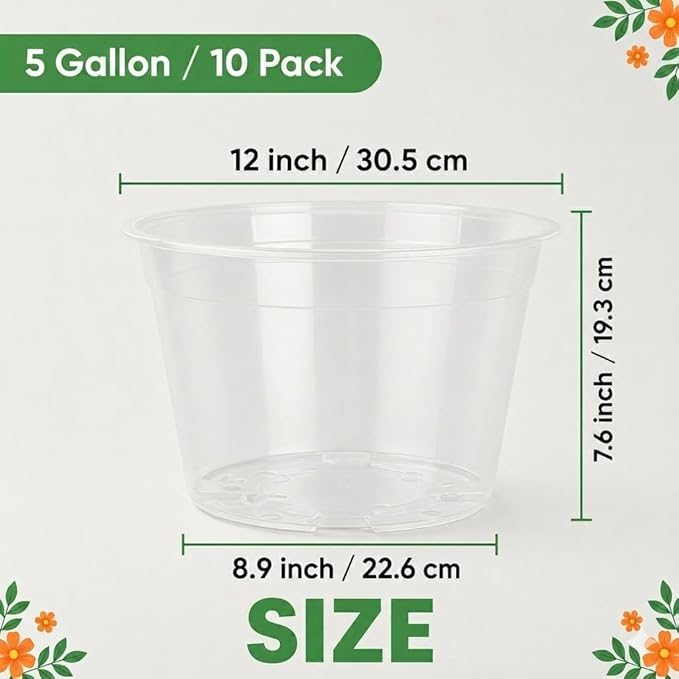 5 Gallon Clear Nursery Pots 10 Pack, 12 Inch Large Plastic Plant Pots with Drainage Holes, Transparent Planters for Root Monitoring, Seedlings, Vegetables, Flower, Indoor Outdoor