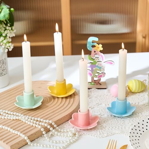 Colorful Ceramic Candlestick Holders Set of 4, Cute Easter Taper Candle Holders Chic Flower Shaped Table Centerpiece for Wedding Festive Spring Party or Home Decor (Flower Style) - Image 3