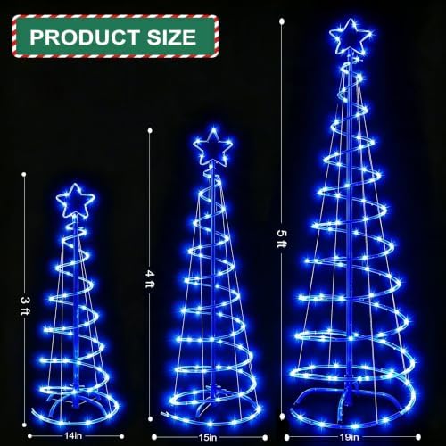 3 Packs Christmas Spiral Tree with Lights, 3/4/5 FT Lighted Xmas Collapsible Tree with Metal Stakes for Indoor & Outdoor, Yard, Porch, Garden Holiday Decor (Blue, 3-4-5 FT) - Image 2