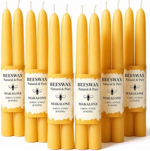 Beeswax Taper Candles,Pure Bees Wax Candle Sticks,8 Inch,12 Pack,Non-Toxic by MAKALONE