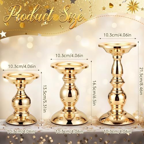 3 Pcs Gold Metal Pillar Candle Holder, 5.31, 6.50, 8.46 Inch Tall - Image 2