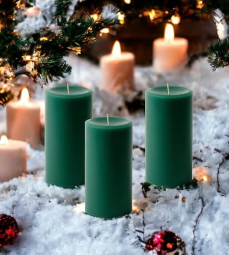 Mister Candle Dripless Unscented Pillar Candles, Set of 3 Hand Poured Hunter Green Pillar Candles, Solid Color Non-Scented Candles for Home Decor, Premium Wax, 80 Hr Burn Time, 3x6 Inch - Image 6