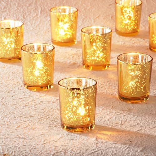 Homemory 24 Pcs Gold Votive Candle Holders, Mercury Glass Candle Holder, Tealight Candle Holders for Table Centerpieces, Baby Shower, Party, Anniversary, Wedding, Home Decor, Halloween, Christmas by Homemory
