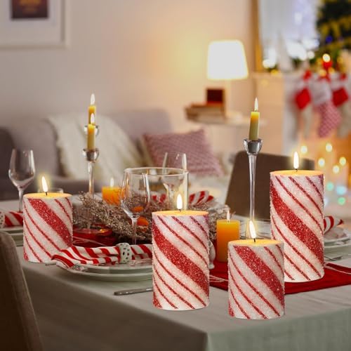 Lonfliness 5 Pcs Christmas Stripe Flameless LED Candles 6 Inch Christmas Candy Cane Candles with Sea Salt Granules Battery Operated Flickering Candlestick for Xmas Holiday Party Wedding Decor - Image 5
