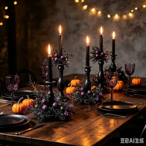 6 Pcs 1.38" Mini Halloween Taper Candle Rings Wreaths Small Artificial with Black Foliage Purple Glitter Balls Green Berries Purple Flowers Taper Candle Holder Wreath for Gothic Spooky Farmhouse Home - Image 6