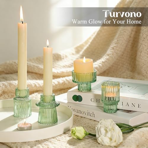 12 Pack Ribbed Green Glass Candle Holders for Table Centerpieces - Image 6
