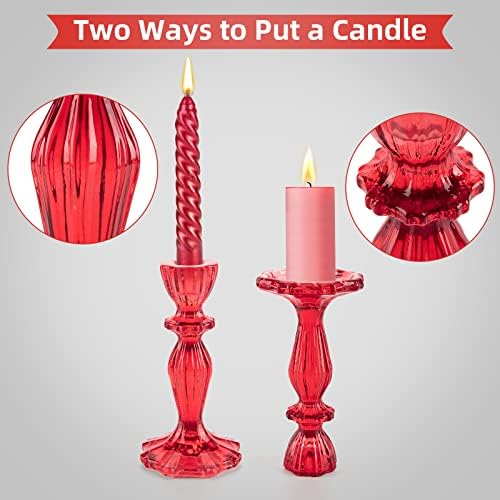 Glass Candle Holders, 2PCS Wide Base Candlestick Holder Decorative Candle Stand Table Centerpieces for Wedding Birthday Halloween Christmas Party, Red - Image 3