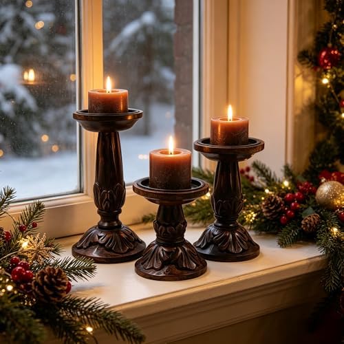 Hosley Set of 3 Wood Pillar Candle Holders 8", 6", 4.25" High Dark Brown Wooden Candlestick Set for Table Centerpiece Ideal for LED & Wax Candles, Rustic Home Decor, Wedding, Party, Spa, Reiki - Image 7