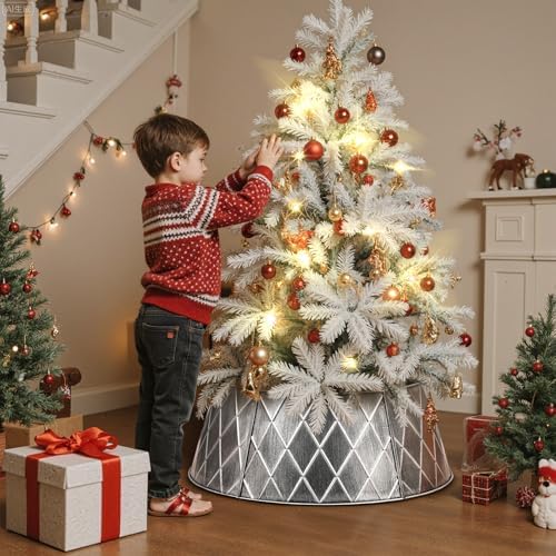 Lanpn Metal Christmas Tree Collar 24 inch, Christmas Tree Ring Collar for Small Mini Pencil Xmas Stand Cover Real Artificial Trees Indoor Outdoor Decoration (Silver, Diamond) - Image 4
