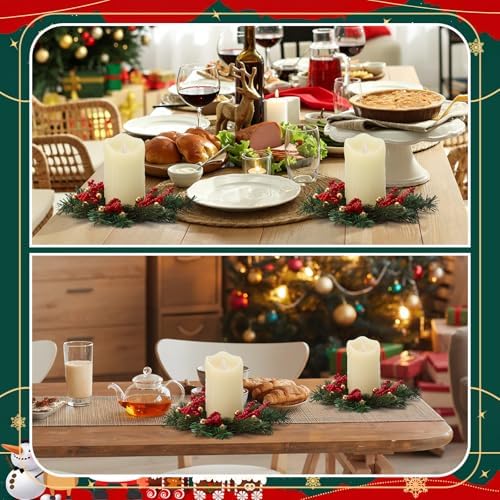 Daifunli 2 Pcs Christmas Gold Ball Red Berry Pine Needle Candle Ring Artificial Berry Bell Wreaths for Pillar 3.25 Inch Candles Holder for Winter Christmas Country Wedding Table Centerpiece Decor - Image 4