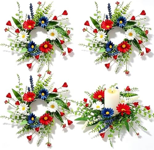 4 PCS Patriotic American Candle Rings Wreaths Artificial 4th of July Floral Candle Rings Holder with Daisy Flowers Mini July Independence Day Wreath for Party Home Table Centerpiece Decor by Unknown