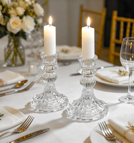 2 Pack Glass Taper Candlestick Holders, Clear Candlestick Holders, 4" H Stripe Crystal Candle Holders Decorative Candle Stand Centerpiece for Wedding, Festival, Dinning Party Table Decor by AUMAYCO