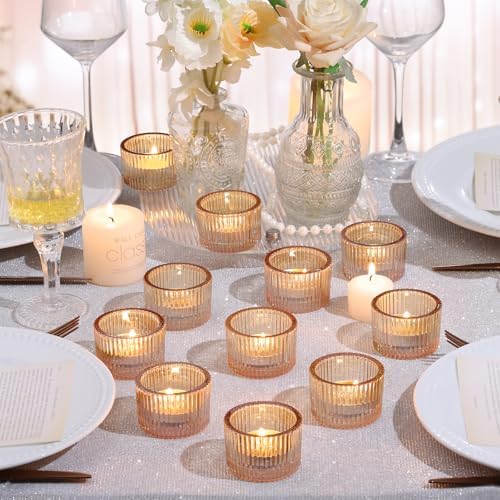 NITIME 30Pcs Ribbed Gold Candle Holders for Table Centerpiece, Gold Tea Light Candle Holders with 32pcs Tea Light Candles for Wedding Decor, Diwali, Home and Party Decor - Image 5
