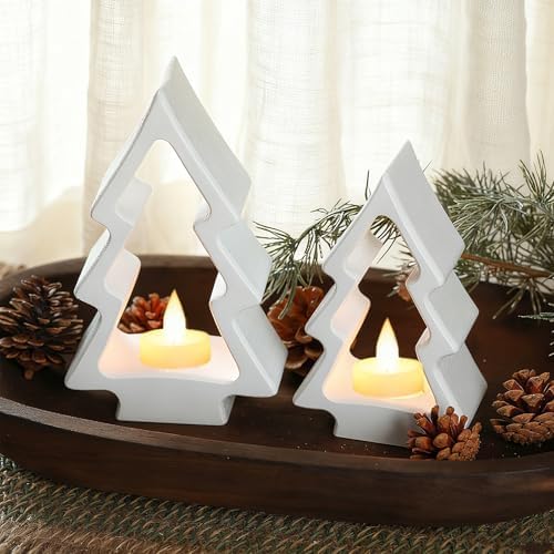 AceOrbit 2 Pcs Christmas Tree Candle Holders White Wooden Tealight Rustic - Image 5